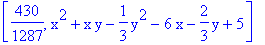[430/1287, x^2+x*y-1/3*y^2-6*x-2/3*y+5]
